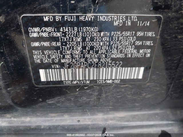JF2GPAPC2F8215522 Subaru Xv Crosstrek 2.0i Limited