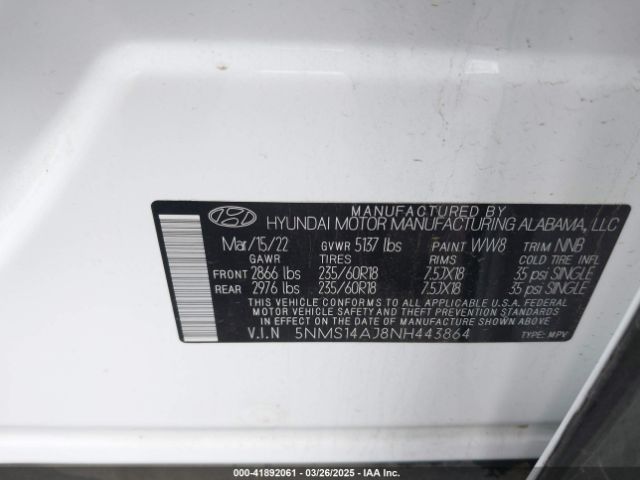 5NMS14AJ8NH443864 Hyundai Santa Fe Se