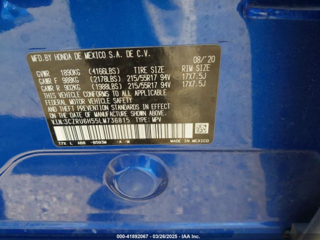 3CZRU6H55LM736815 Honda Hr-v Awd Ex