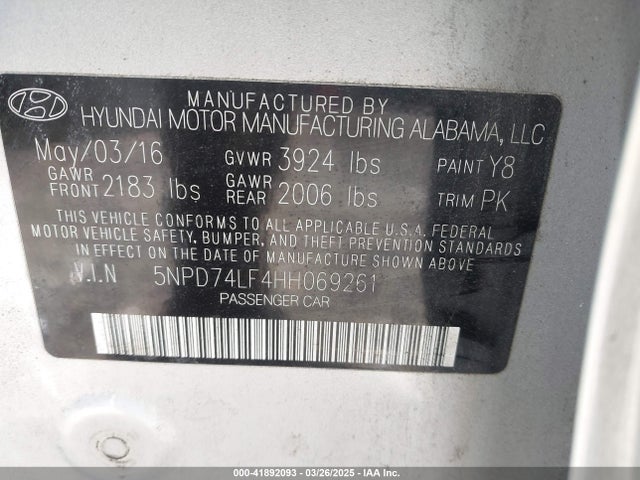 5NPD74LF4HH069261 Hyundai ELANTRA SE