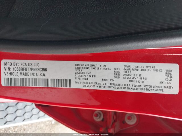 1C6SRFBT7PN620356 RAM 1500 Big Horn  4x4 6'4 Box