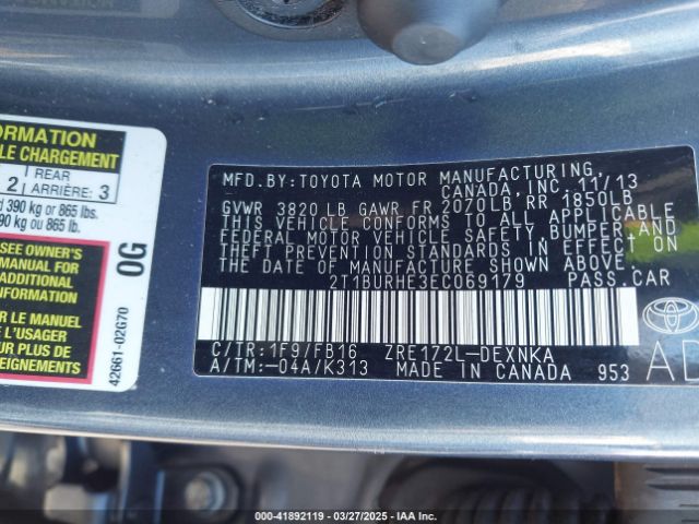 2T1BURHE3EC069179 Toyota COROLLA LE