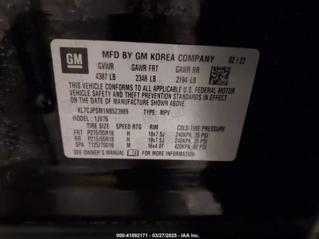 KL7CJPSM1NB523989 Chevrolet Trax Awd Lt