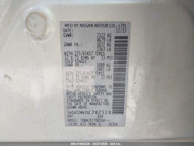 5N1AT2MV2GC782528 Nissan Rogue S/sl/sv
