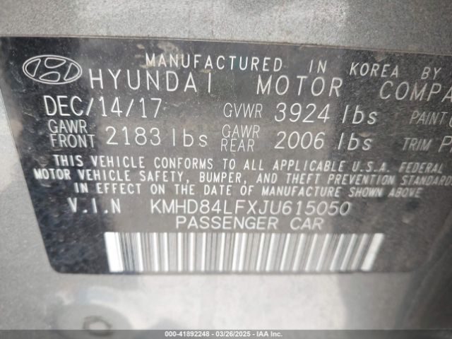 KMHD84LFXJU615050 Hyundai Elantra Value Edition