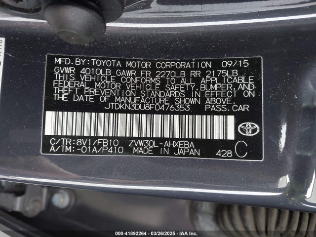 Toyota Prius Two 2015 JTDKN3DU8F0476353 Image 9