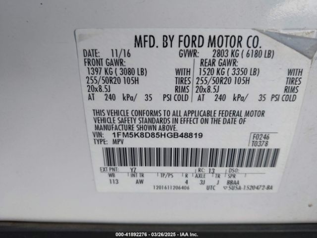 1FM5K8D85HGB48819 Ford EXPLORER XLT