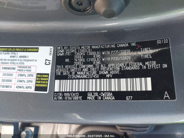 2T2HZMAA8NC237450 Lexus RX 350