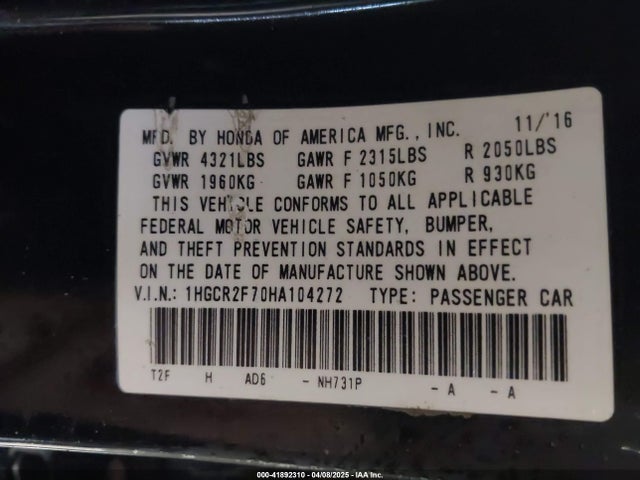 1HGCR2F70HA104272 Honda k24w1