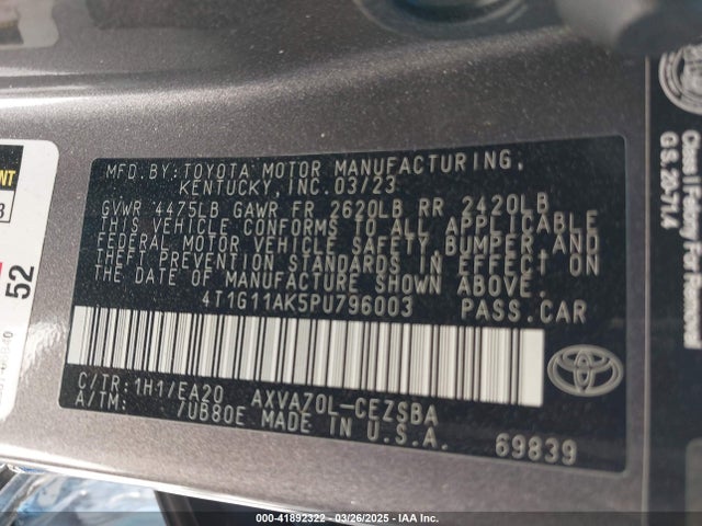 4T1G11AK5PU796003 Toyota CAMRY SE