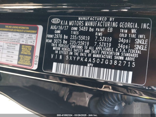 5XYPK4A50JG382715 KIA Sorento 3.3l Sxl