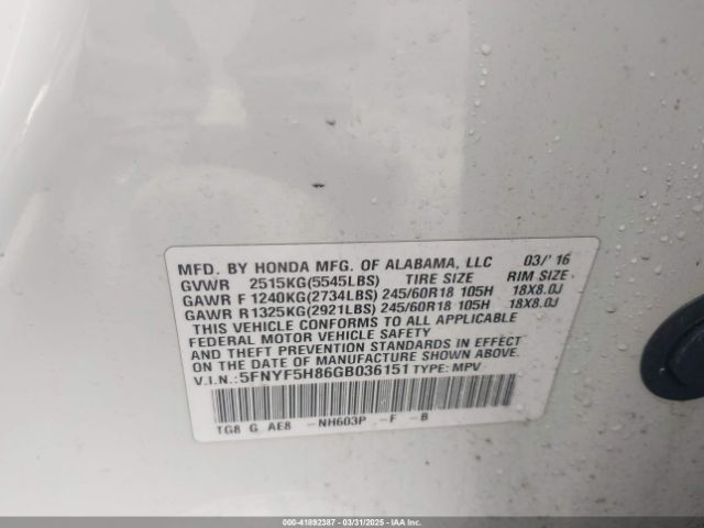 5FNYF5H86GB036151 Honda Pilot Ex-l