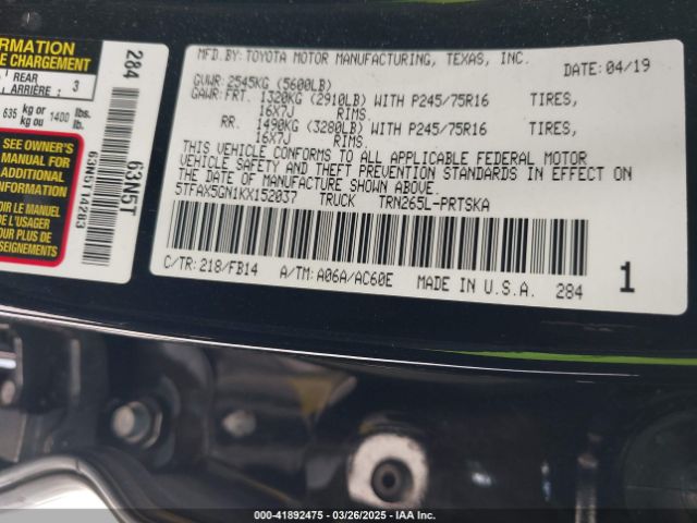 5TFAX5GN1KX152037 Toyota Tacoma Sr