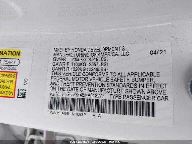 1HGCV3F48MA012277 Honda Accord Hybrid Ex