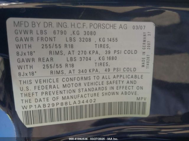 2008 PORSCHE CAYENNE WP1AB29P88LA34402 Photo 8