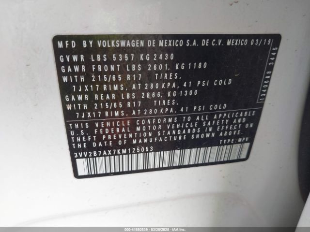 3VV2B7AX7KM125053 Volkswagen Tiguan 2.0t Se/2.0t Sel/2.0t Sel R-line/2.0t Sel R-line Black