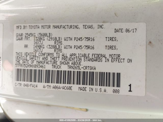 5TFRX5GN9HX093461 Toyota Tacoma Sr