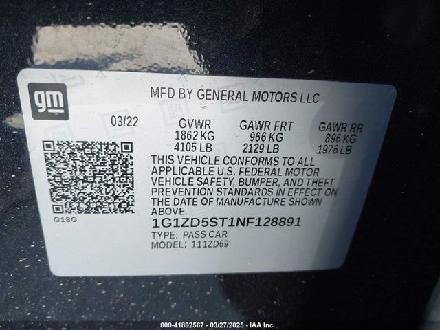 1G1ZD5ST1NF128891 Chevrolet Malibu Fwd Lt