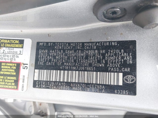 4T1B11HK7JU618651 Toyota CAMRY LE