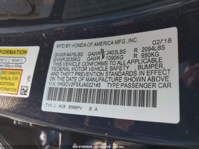 1HGCV2F5XJA022145 Honda Accord Ex-l 2.0t