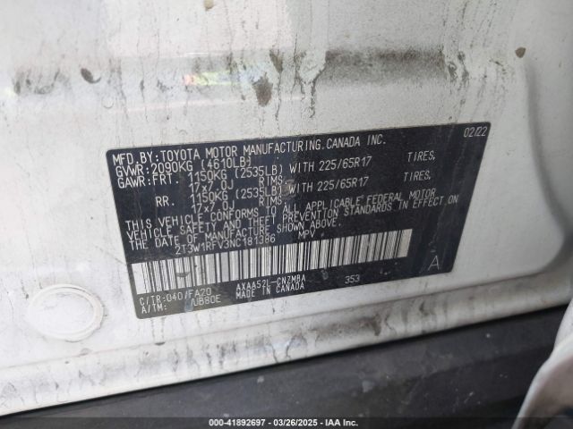 2T3W1RFV3NC181386 Toyota Rav4 Xle