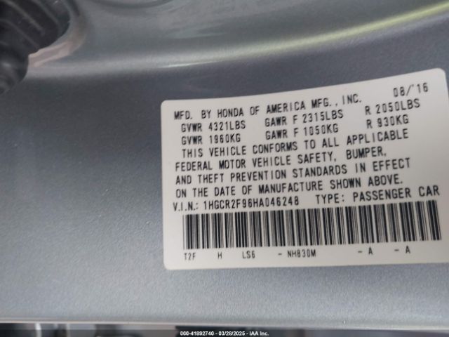 1HGCR2F96HA046248 Honda Accord Ex-l