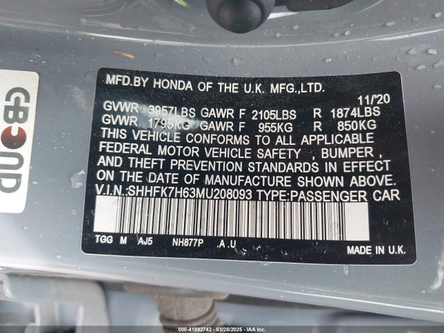 SHHFK7H63MU208093 Honda CIVIC EX