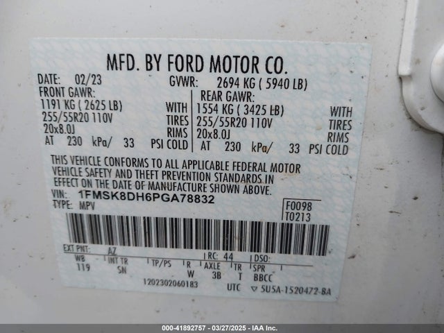 1FMSK8DH6PGA78832 Ford EXPLORER XLT