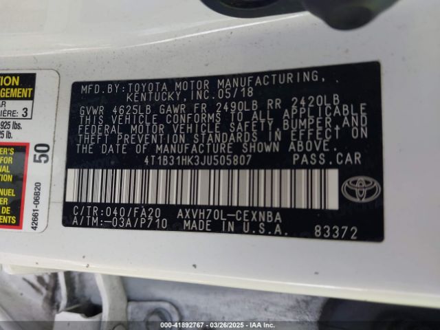 4T1B31HK3JU505807 Toyota Camry Hybrid Le