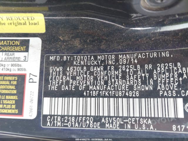 4T1BF1FK1FU874926 Toyota CAMRY SE
