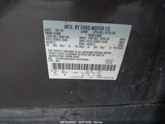 1FM5K8D80FGA93600 Ford EXPLORER XLT