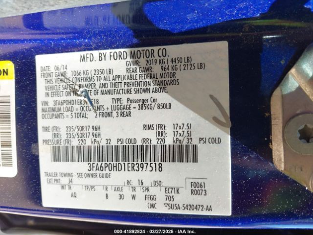 3FA6P0HD1ER397518 Ford FUSION SE