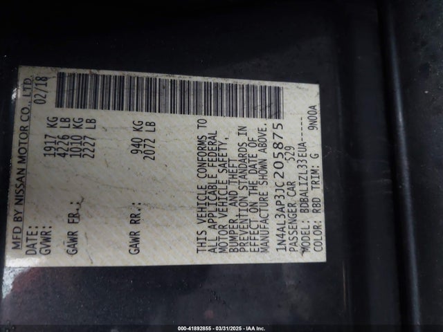 1N4AL3AP3JC205875 Nissan Altima 2.5 Sv