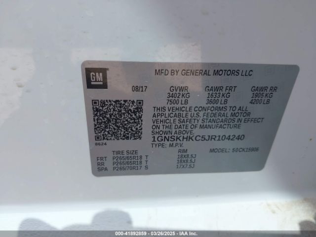 1GNSKHKC5JR104240 Chevrolet Suburban Lt