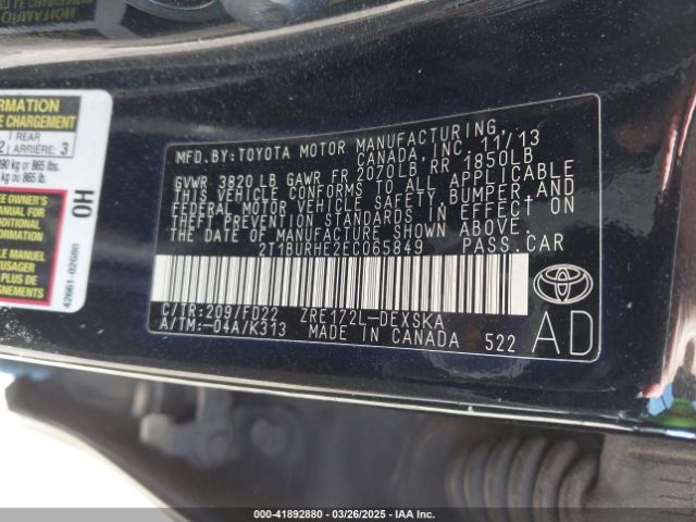 2T1BURHE2EC065849 Toyota Corolla S Plus