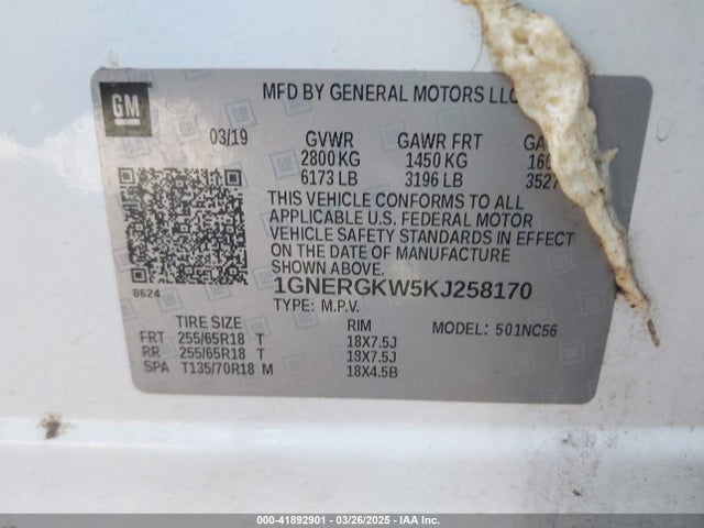 1GNERGKW5KJ258170 Chevrolet Traverse 1lt
