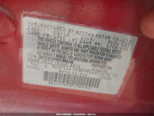 3N1CN7AP9FL904740 Nissan Versa 1.6 S+