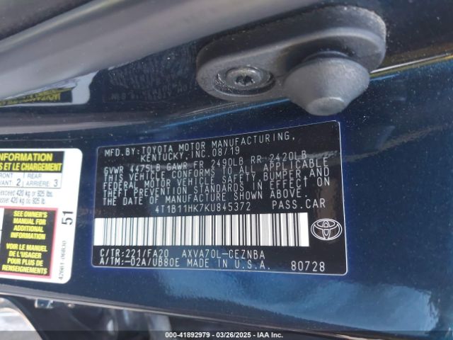 4T1B11HK7KU845372 Toyota CAMRY LE