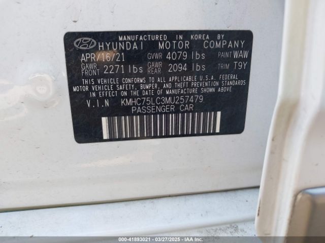 KMHC75LC3MU257479 Hyundai Ioniq Hybrid Se