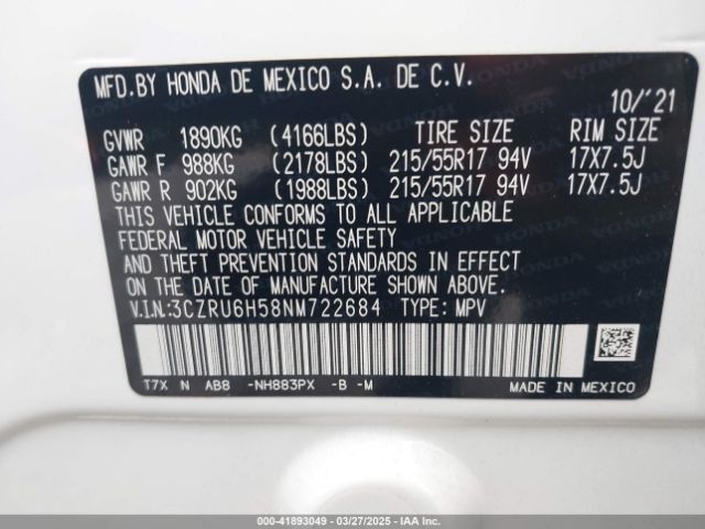 3CZRU6H58NM722684 Honda Hr-v Awd Ex