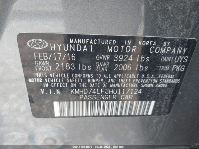 KMHD74LF3HU117124 Hyundai ELANTRA SE