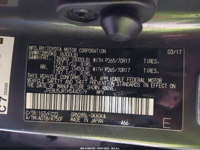 JTEBU5JR1H5440519 Toyota 4runner Sr5 Prem/ltdl/trail/trd