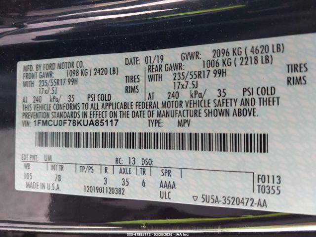 1FMCU0F78KUA85117 Ford ESCAPE S