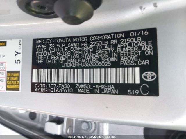 JTDKBRFU3G3005025 Toyota Prius Two