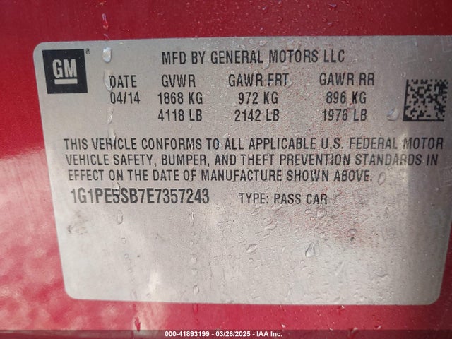 1G1PE5SB7E7357243 Chevrolet Cruze 2lt Auto