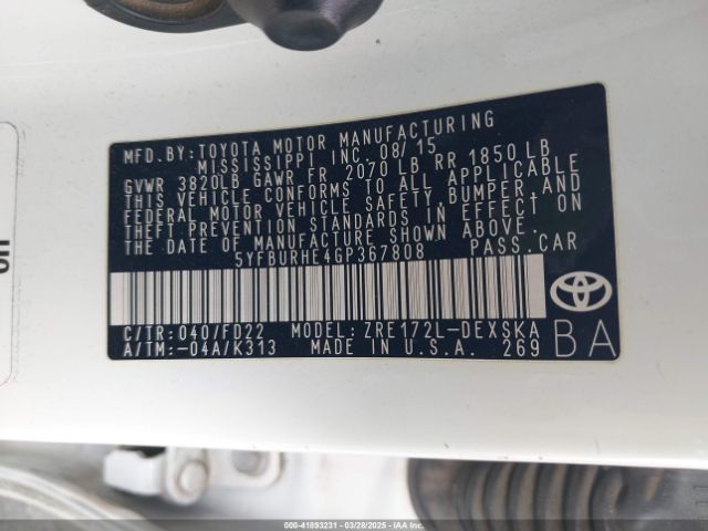 5YFBURHE4GP367808 Toyota Corolla S Plus