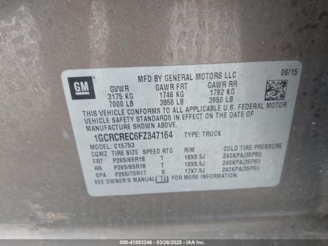 1GCRCREC6FZ347164 Chevrolet Silverado 1500 1lt