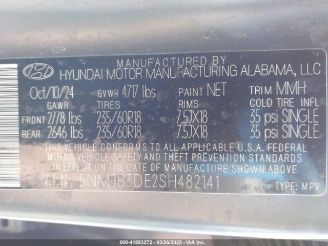 5NMJB3DE2SH482141 Hyundai TUCSON SEL