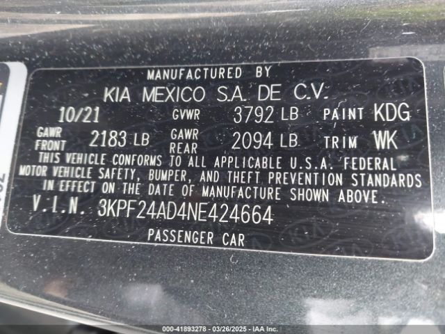 3KPF24AD4NE424664 KIA Forte Lxs