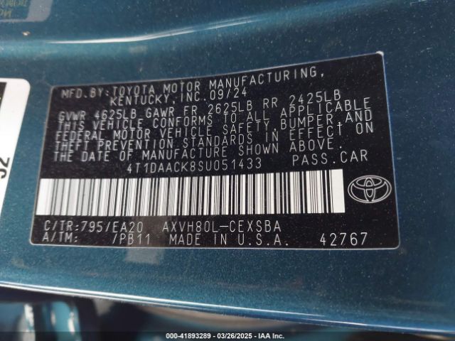 4T1DAACK8SU051433 Toyota CAMRY SE